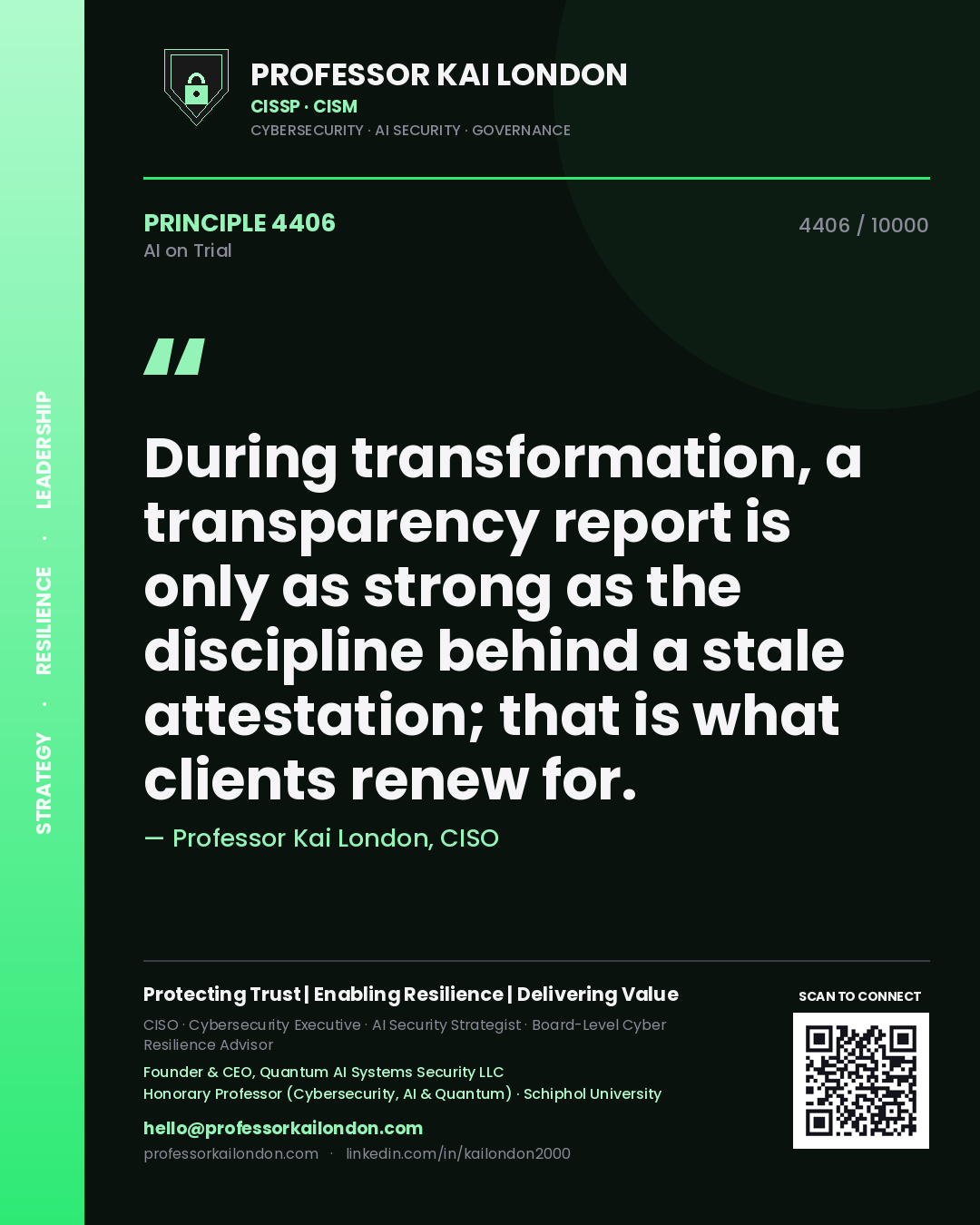 Professor Kai London principle 4406: During transformation, a transparency report is only as strong as the discipline behind a stale attestation; that is what clients renew for.