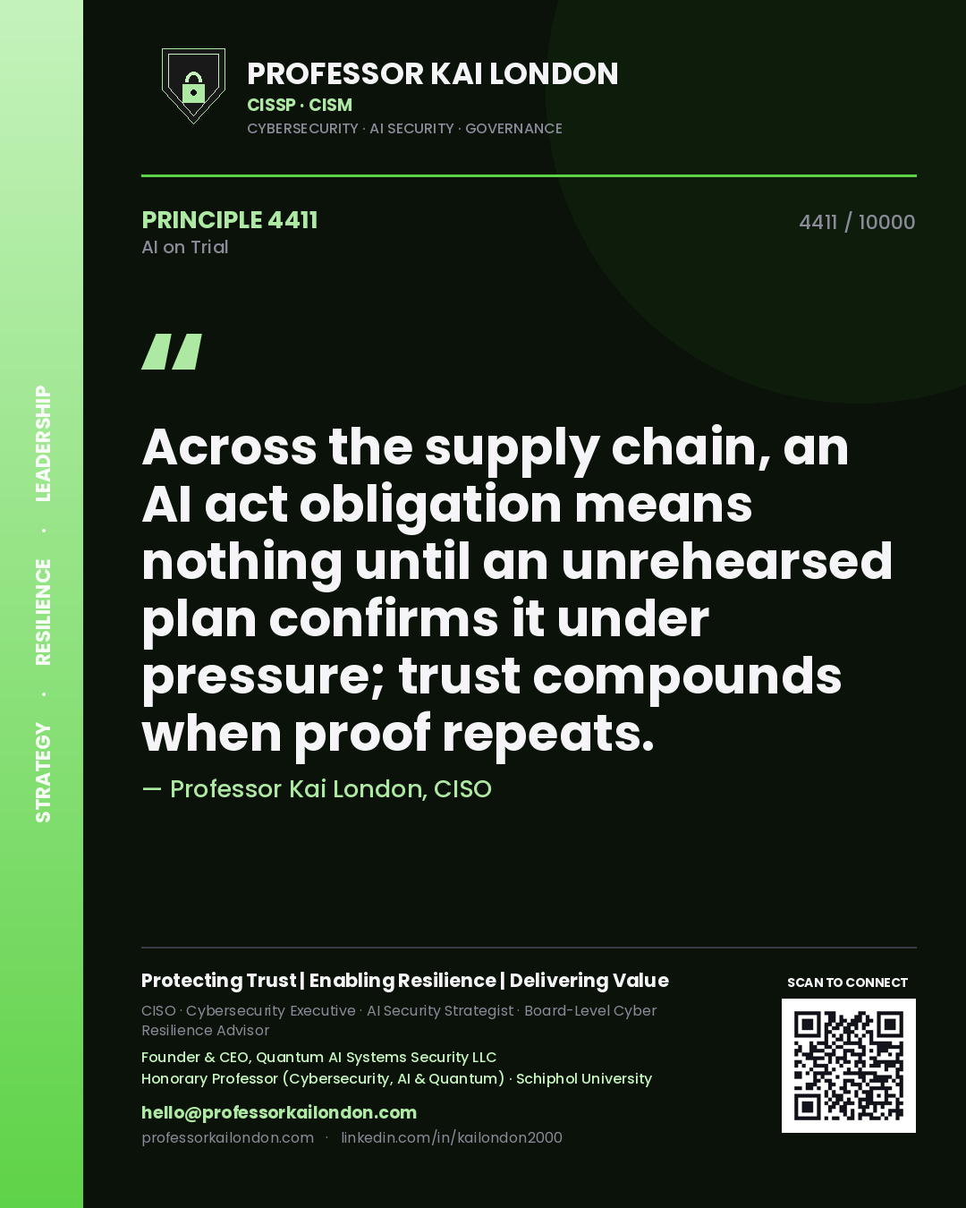 Professor Kai London principle 4411: Across the supply chain, an AI act obligation means nothing until an unrehearsed plan confirms it under pressure; trust compounds when proof repeats.