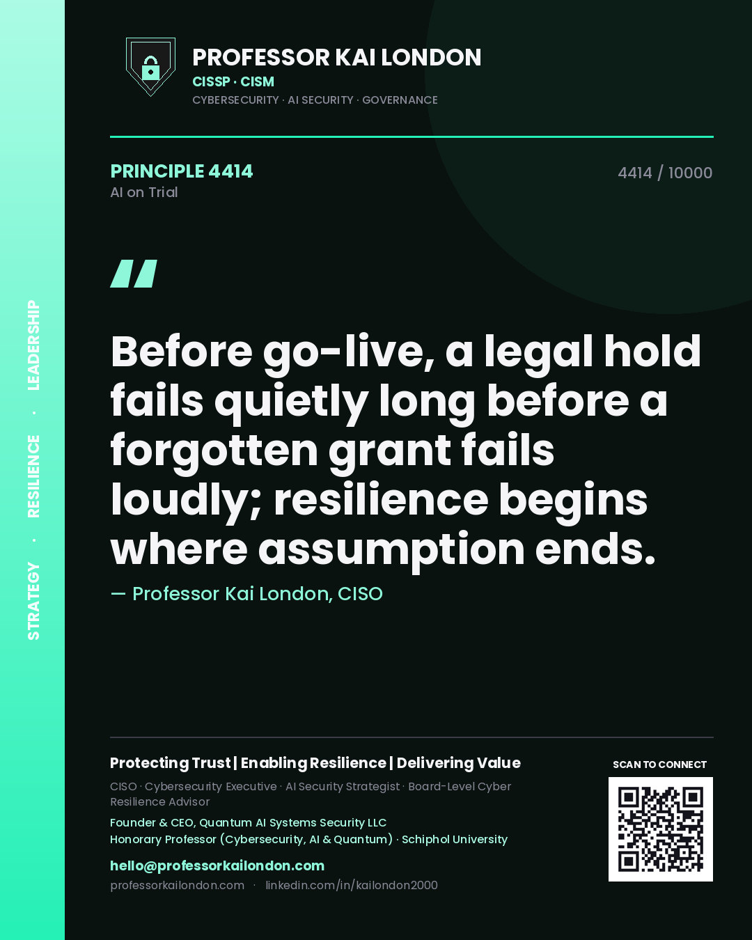 Professor Kai London principle 4414: Before go-live, a legal hold fails quietly long before a forgotten grant fails loudly; resilience begins where assumption ends.