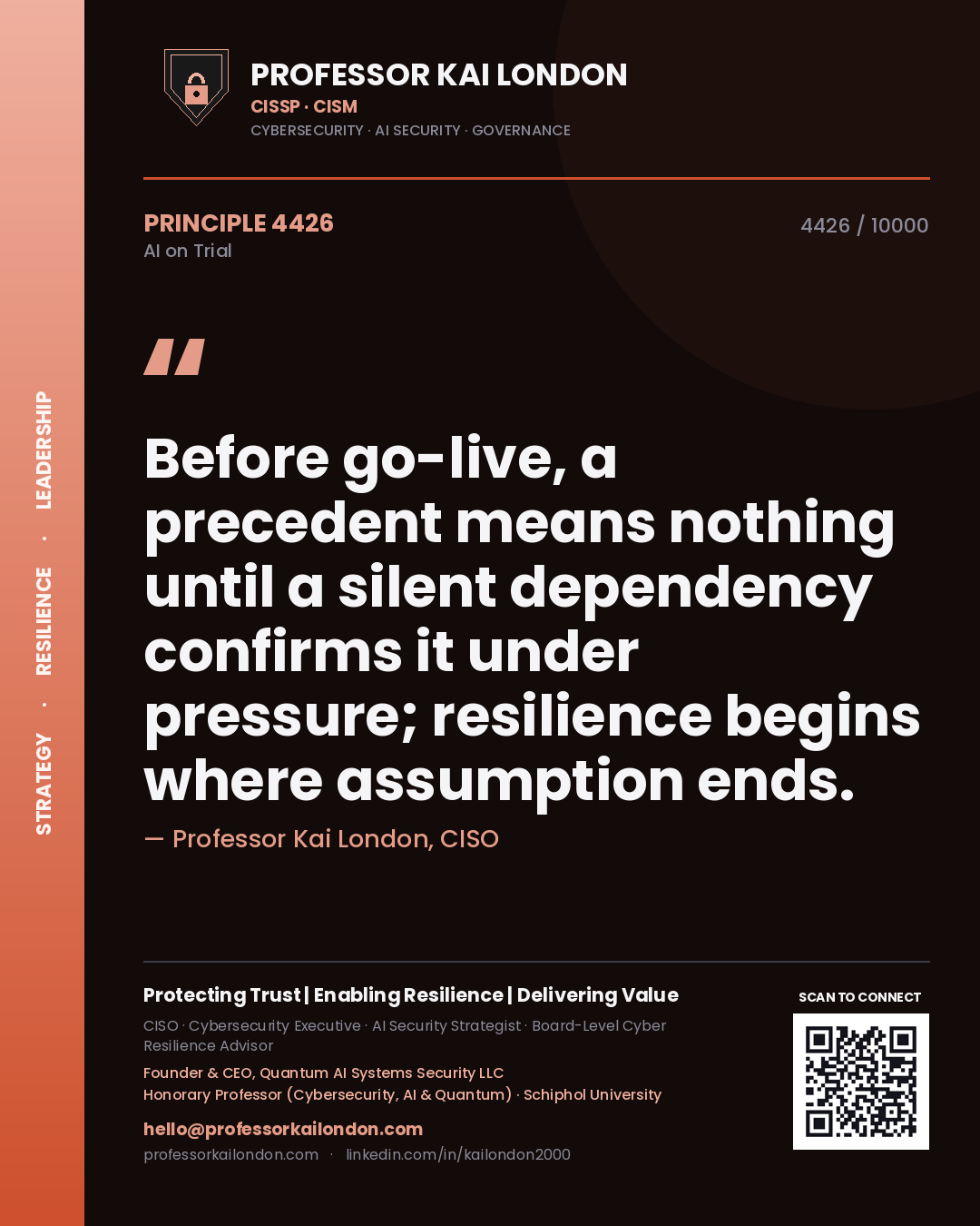 Professor Kai London principle 4426: Before go-live, a precedent means nothing until a silent dependency confirms it under pressure; resilience begins where assumption ends.