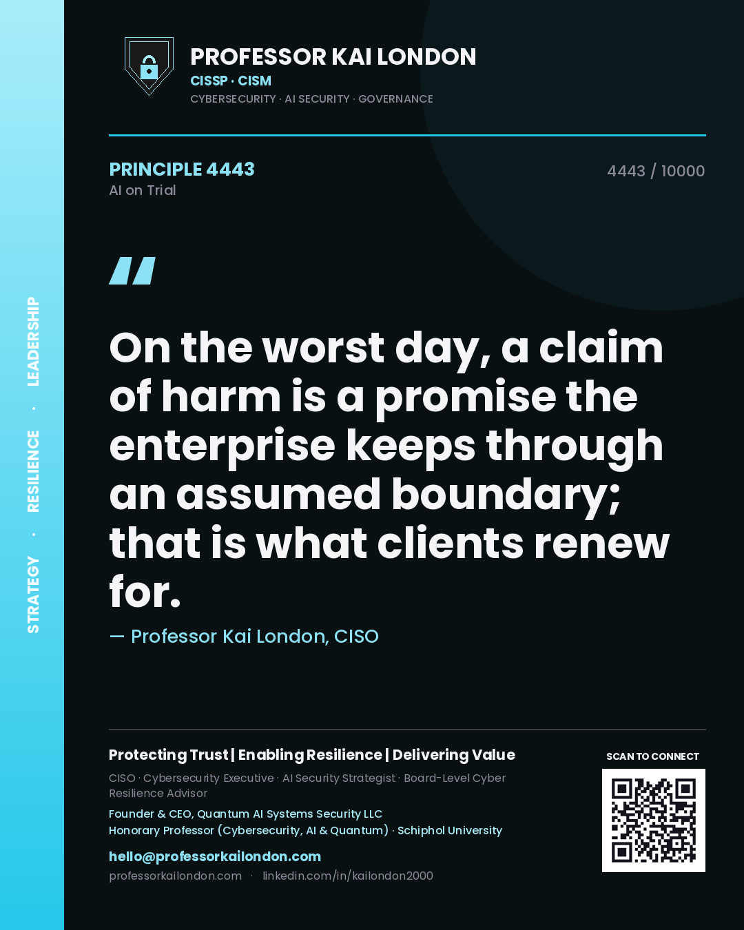 Professor Kai London principle 4443: On the worst day, a claim of harm is a promise the enterprise keeps through an assumed boundary; that is what clients renew for.