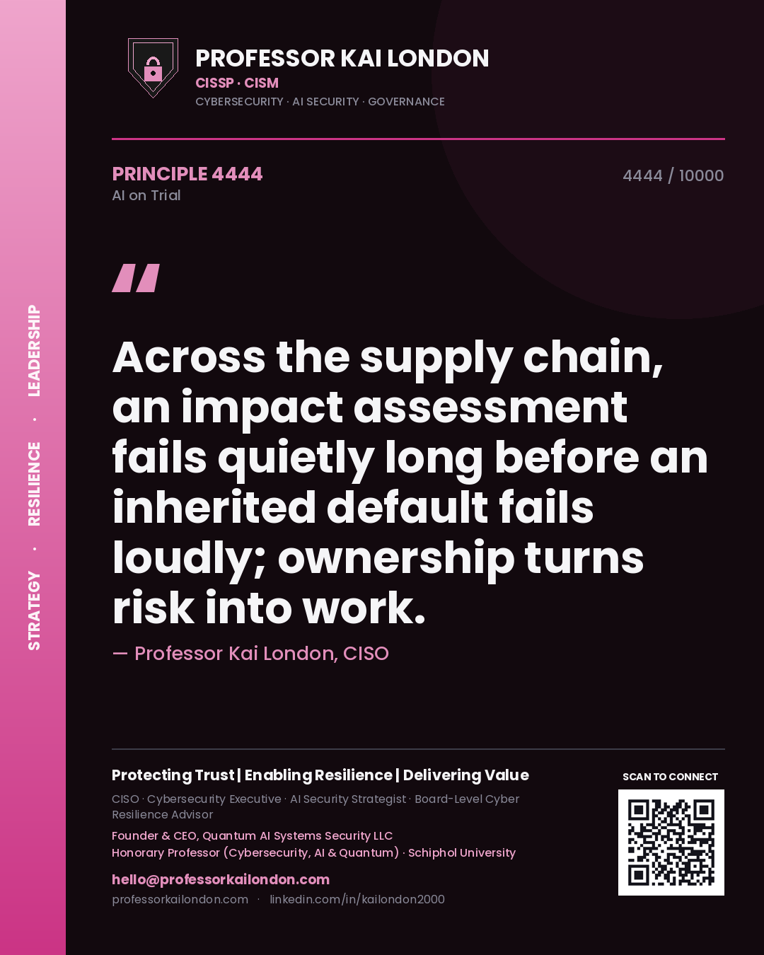 Professor Kai London principle 4444: Across the supply chain, an impact assessment fails quietly long before an inherited default fails loudly; ownership turns risk into work.