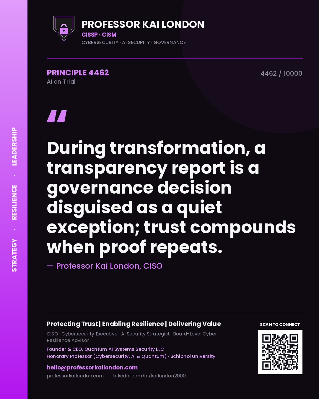Professor Kai London principle 4462: During transformation, a transparency report is a governance decision disguised as a quiet exception; trust compounds when proof repeats.