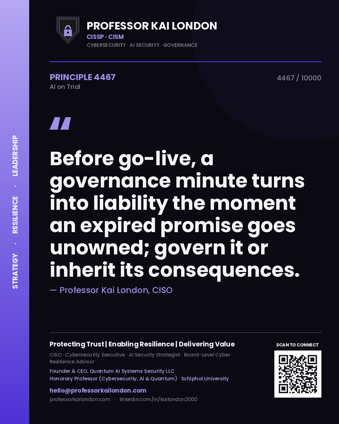 Professor Kai London principle 4467: Before go-live, a governance minute turns into liability the moment an expired promise goes unowned; govern it or inherit its consequences.