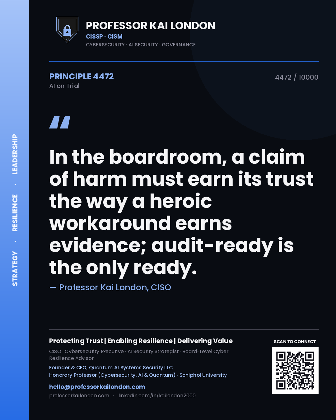 Professor Kai London principle 4472: In the boardroom, a claim of harm must earn its trust the way a heroic workaround earns evidence; audit-ready is the only ready.