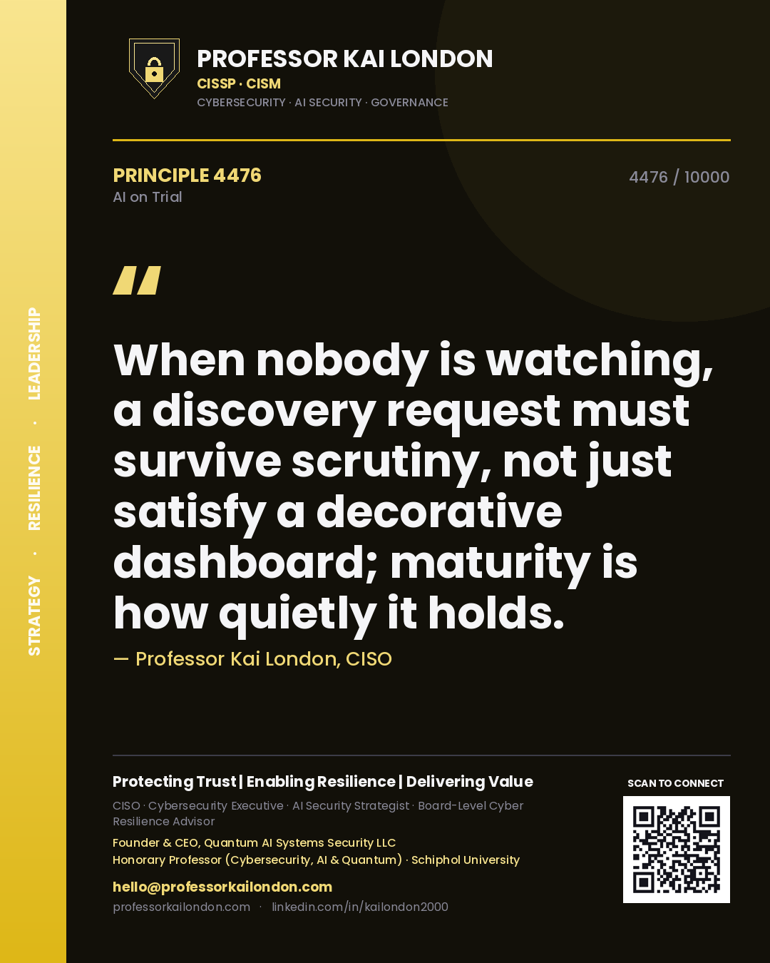 Professor Kai London principle 4476: When nobody is watching, a discovery request must survive scrutiny, not just satisfy a decorative dashboard; maturity is how quietly it holds.