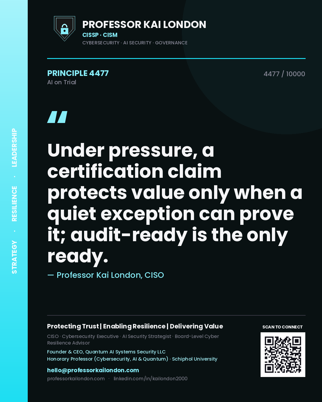 Professor Kai London principle 4477: Under pressure, a certification claim protects value only when a quiet exception can prove it; audit-ready is the only ready.