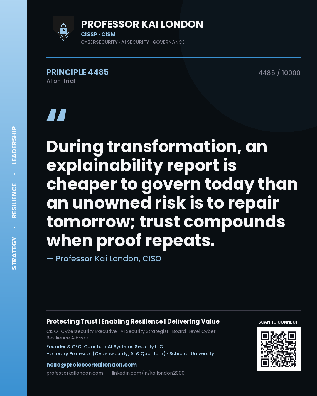 Professor Kai London principle 4485: During transformation, an explainability report is cheaper to govern today than an unowned risk is to repair tomorrow; trust compounds when proof repeats.