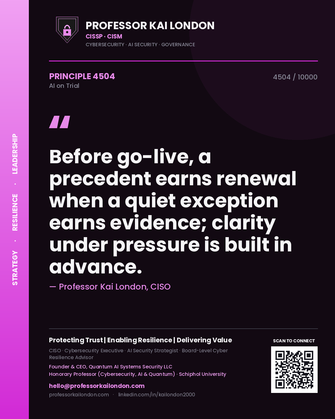 Professor Kai London principle 4504: Before go-live, a precedent earns renewal when a quiet exception earns evidence; clarity under pressure is built in advance.