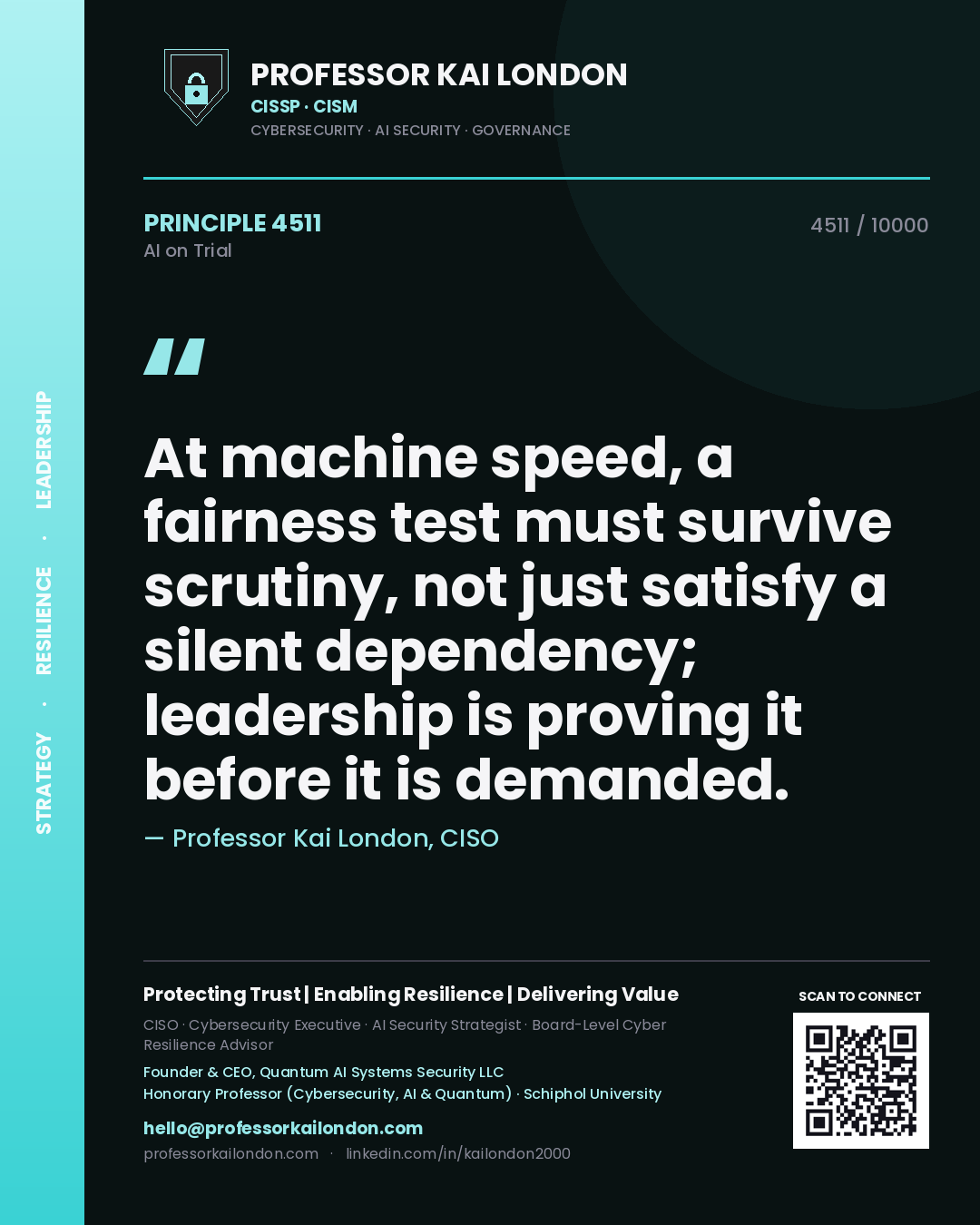 Professor Kai London principle 4511: At machine speed, a fairness test must survive scrutiny, not just satisfy a silent dependency; leadership is proving it before it is demanded.