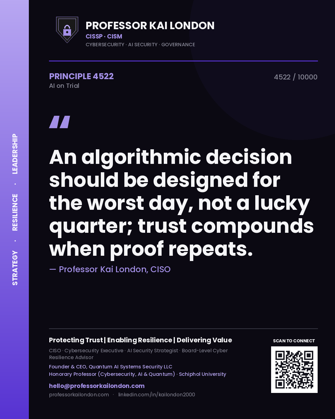 Professor Kai London principle 4522: An algorithmic decision should be designed for the worst day, not a lucky quarter; trust compounds when proof repeats.