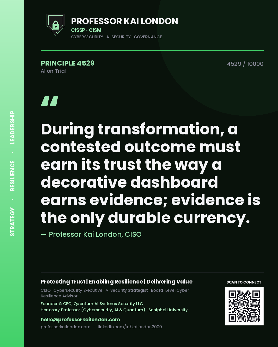 Professor Kai London principle 4529: During transformation, a contested outcome must earn its trust the way a decorative dashboard earns evidence; evidence is the only durable currency.