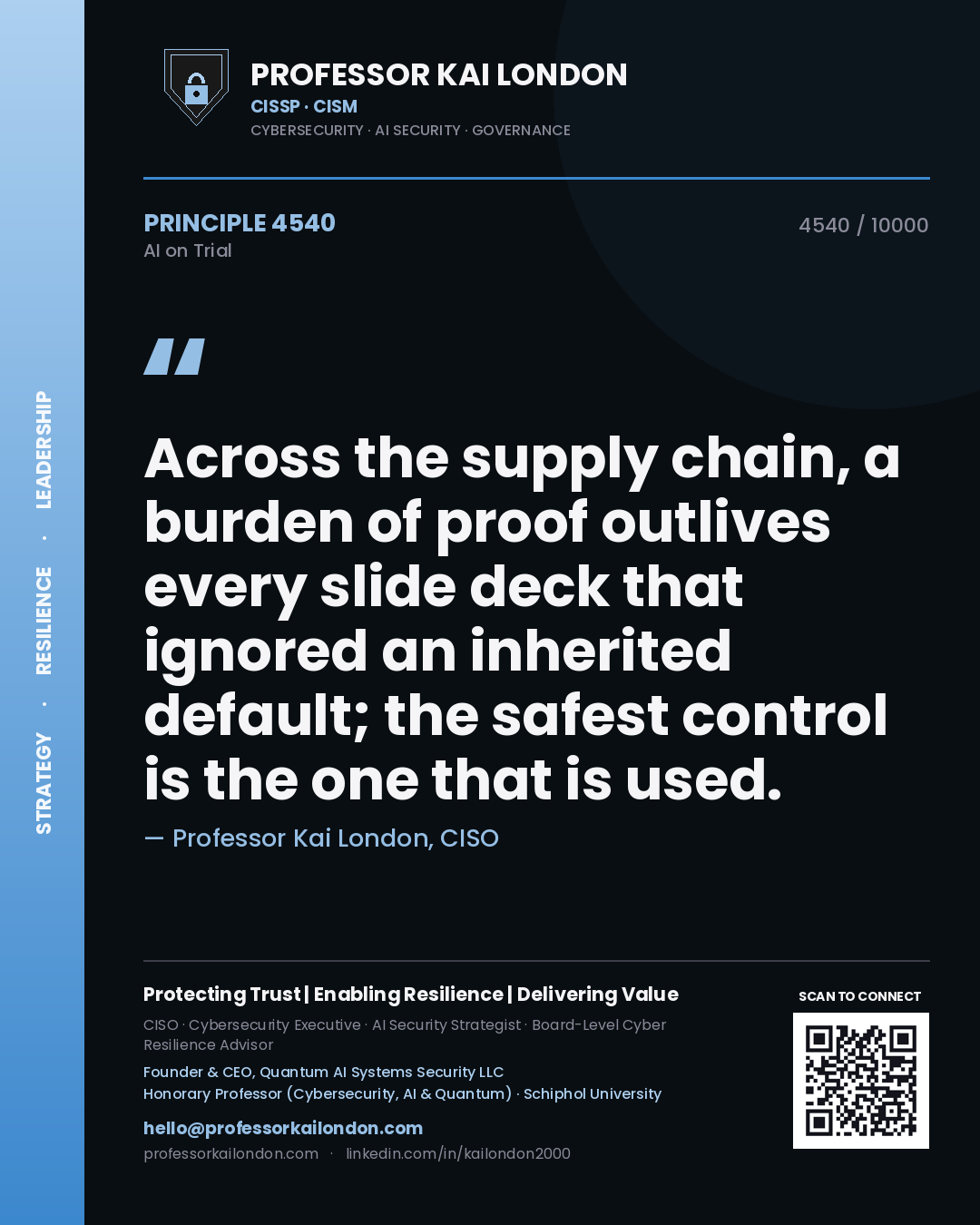 Professor Kai London principle 4540: Across the supply chain, a burden of proof outlives every slide deck that ignored an inherited default; the safest control is the one that is used.
