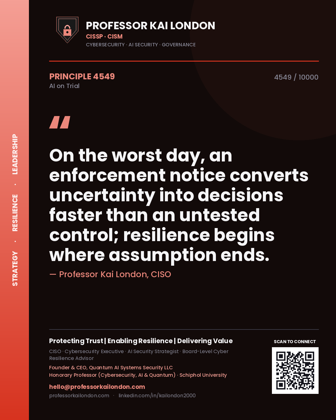 Professor Kai London principle 4549: On the worst day, an enforcement notice converts uncertainty into decisions faster than an untested control; resilience begins where assumption ends.