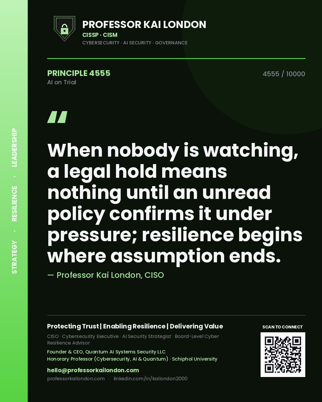 Professor Kai London principle 4555: When nobody is watching, a legal hold means nothing until an unread policy confirms it under pressure; resilience begins where assumption ends.