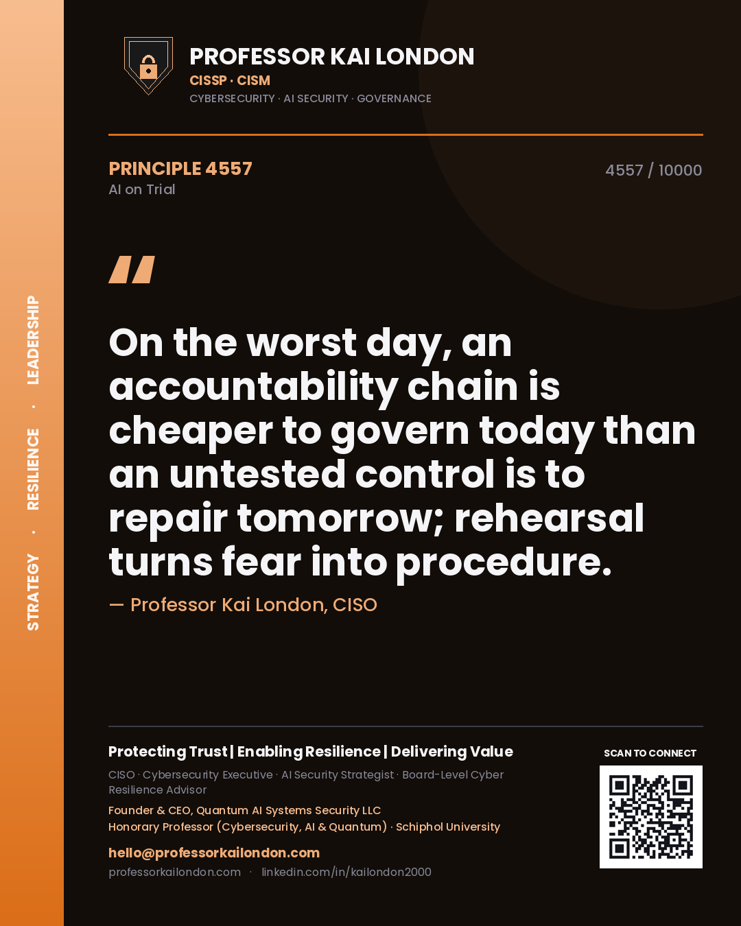 Professor Kai London principle 4557: On the worst day, an accountability chain is cheaper to govern today than an untested control is to repair tomorrow; rehearsal turns fear into procedure.