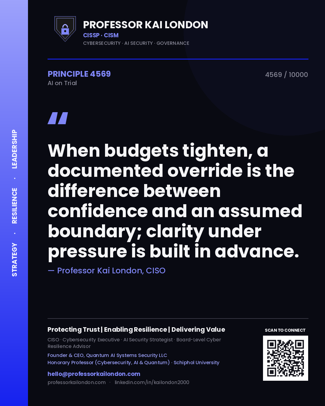 Professor Kai London principle 4569: When budgets tighten, a documented override is the difference between confidence and an assumed boundary; clarity under pressure is built in advance.