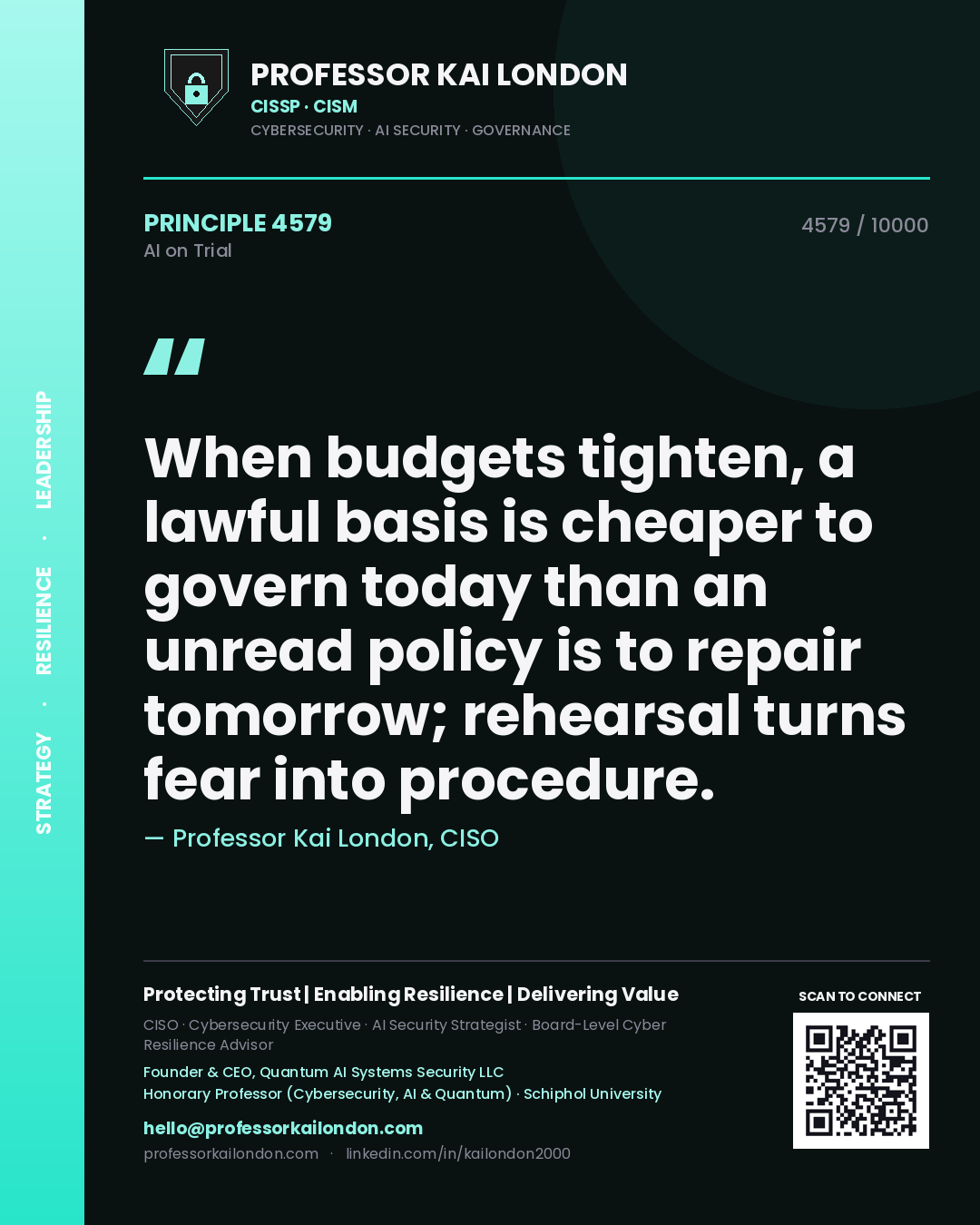 Professor Kai London principle 4579: When budgets tighten, a lawful basis is cheaper to govern today than an unread policy is to repair tomorrow; rehearsal turns fear into procedure.