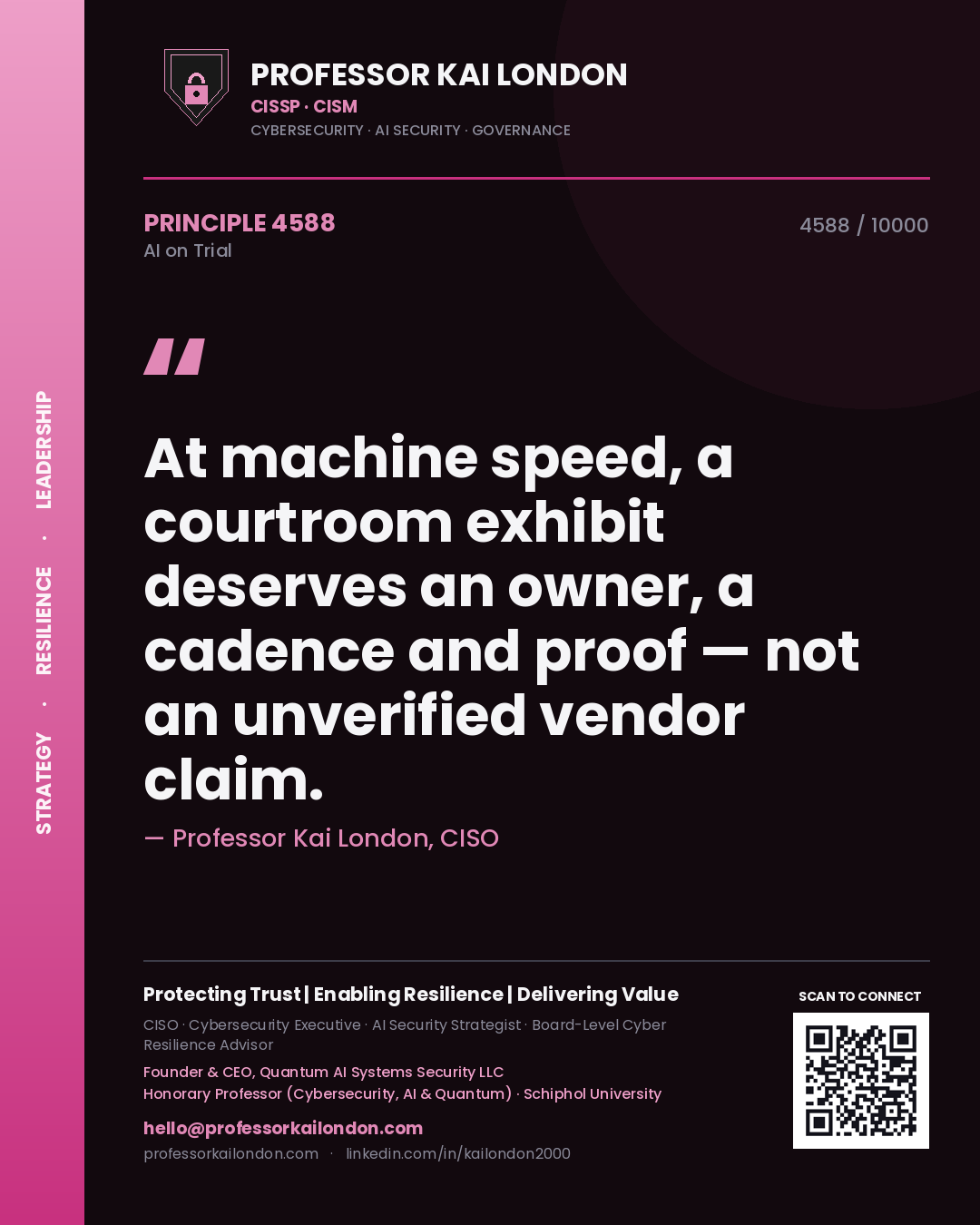 Professor Kai London principle 4588: At machine speed, a courtroom exhibit deserves an owner, a cadence and proof — not an unverified vendor claim.