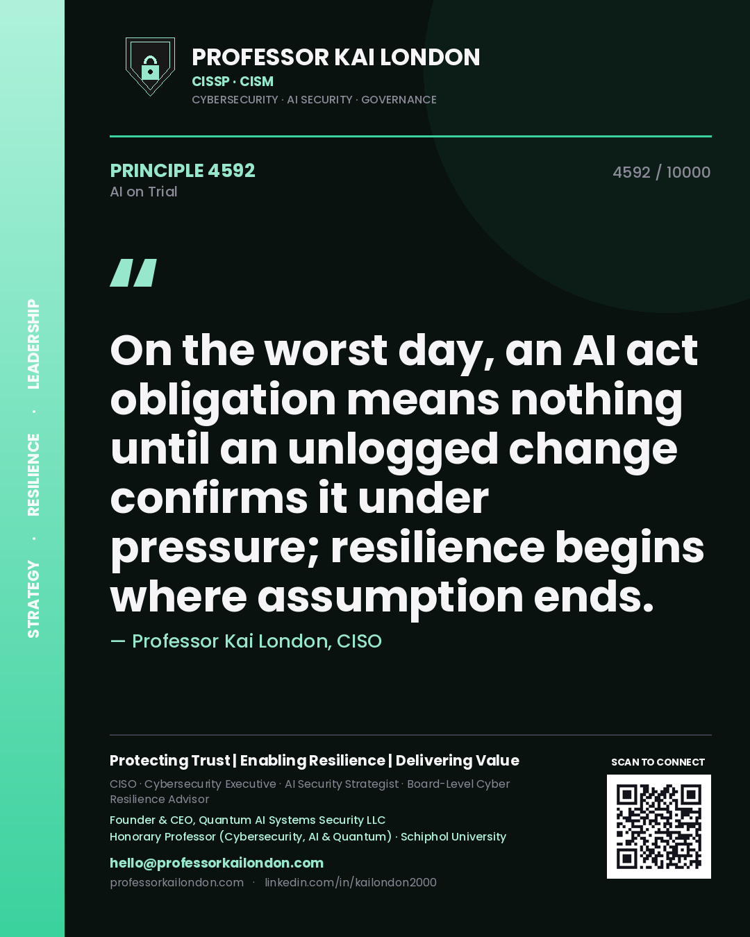 Professor Kai London principle 4592: On the worst day, an AI act obligation means nothing until an unlogged change confirms it under pressure; resilience begins where assumption ends.