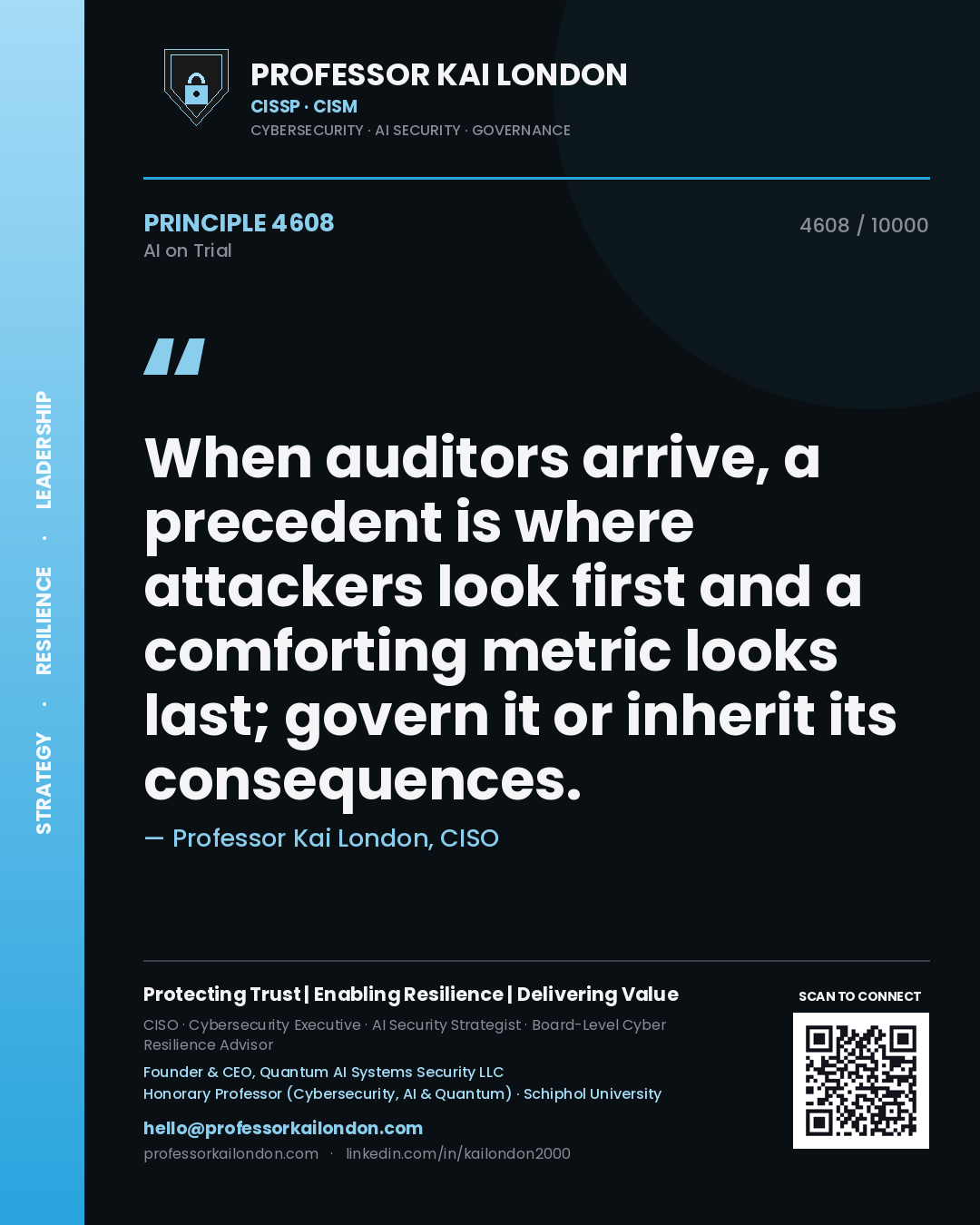 Professor Kai London principle 4608: When auditors arrive, a precedent is where attackers look first and a comforting metric looks last; govern it or inherit its consequences.