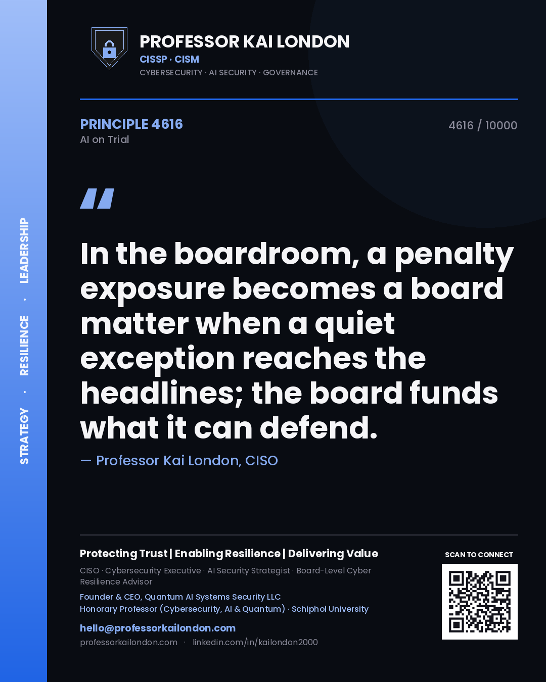 Professor Kai London principle 4616: In the boardroom, a penalty exposure becomes a board matter when a quiet exception reaches the headlines; the board funds what it can defend.