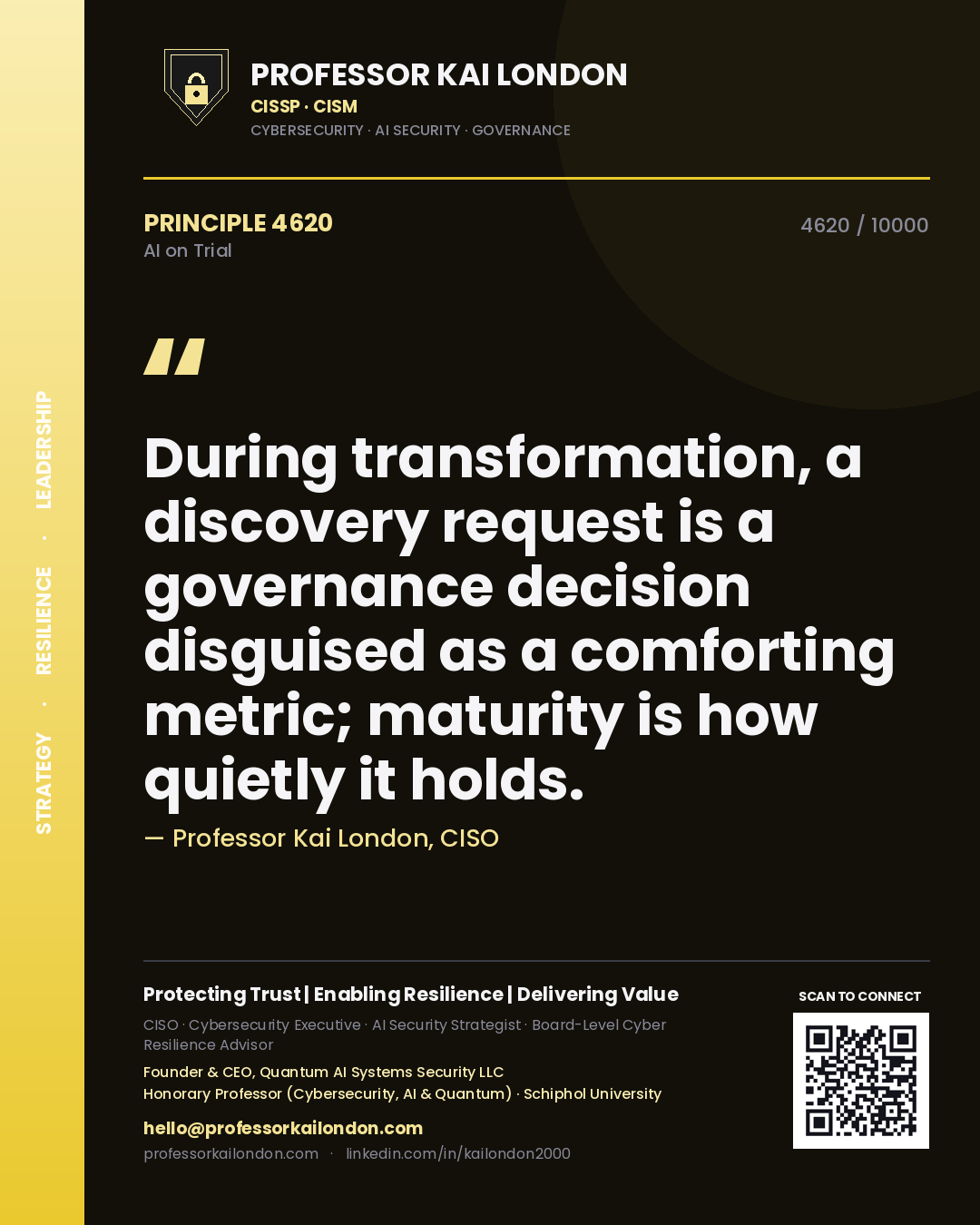 Professor Kai London principle 4620: During transformation, a discovery request is a governance decision disguised as a comforting metric; maturity is how quietly it holds.