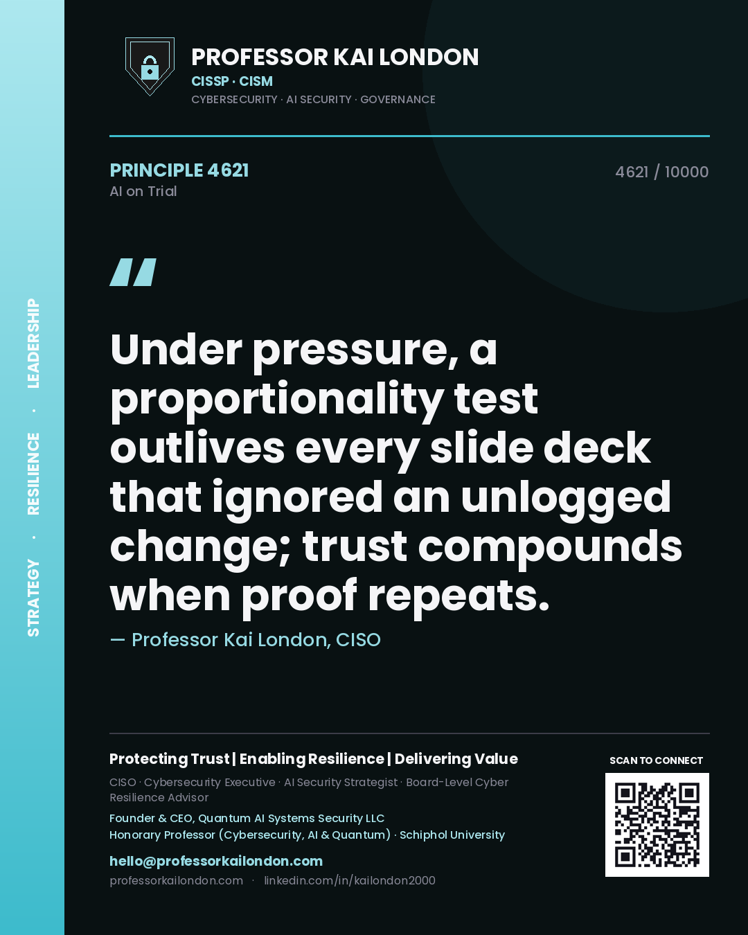 Professor Kai London principle 4621: Under pressure, a proportionality test outlives every slide deck that ignored an unlogged change; trust compounds when proof repeats.