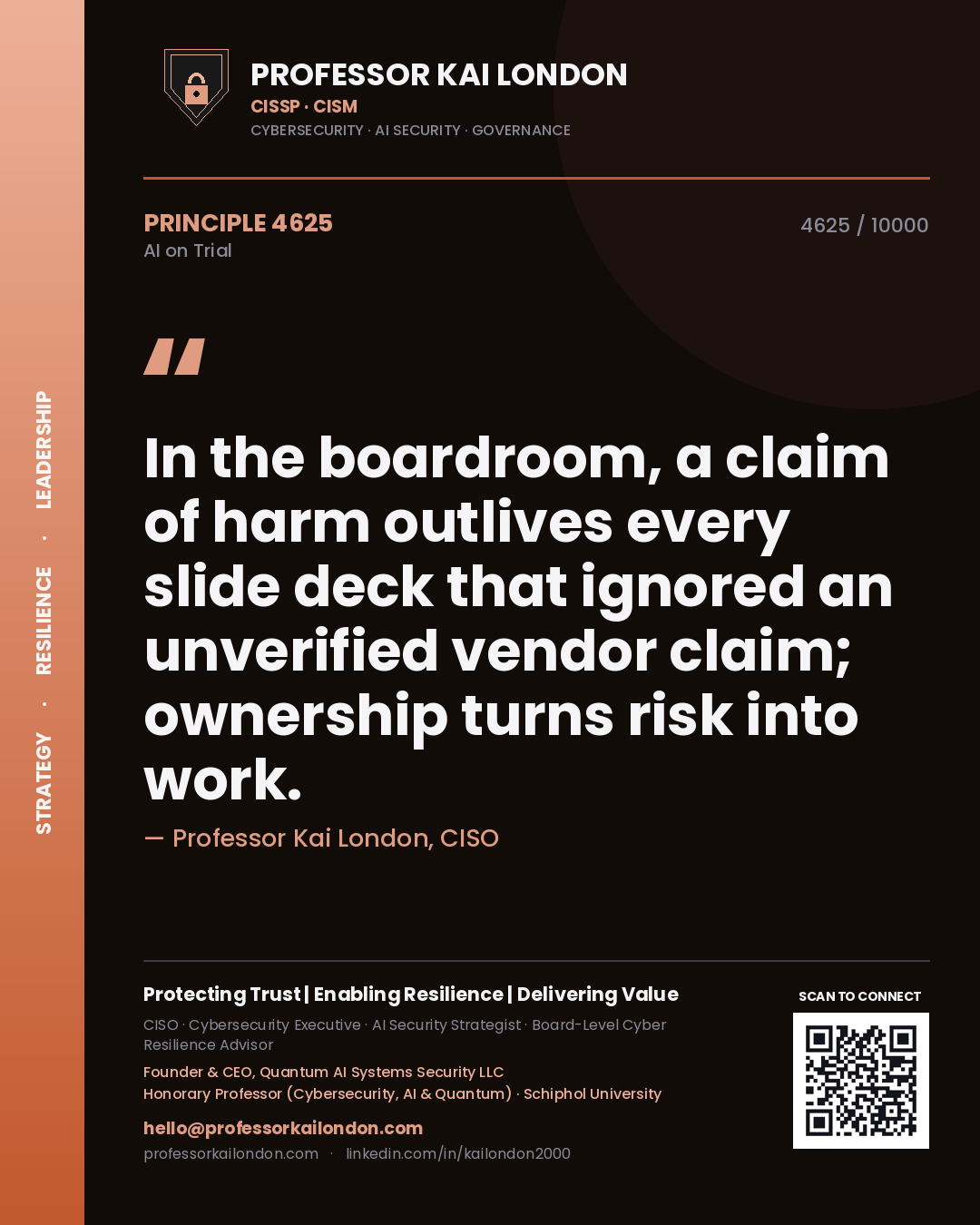 Professor Kai London principle 4625: In the boardroom, a claim of harm outlives every slide deck that ignored an unverified vendor claim; ownership turns risk into work.