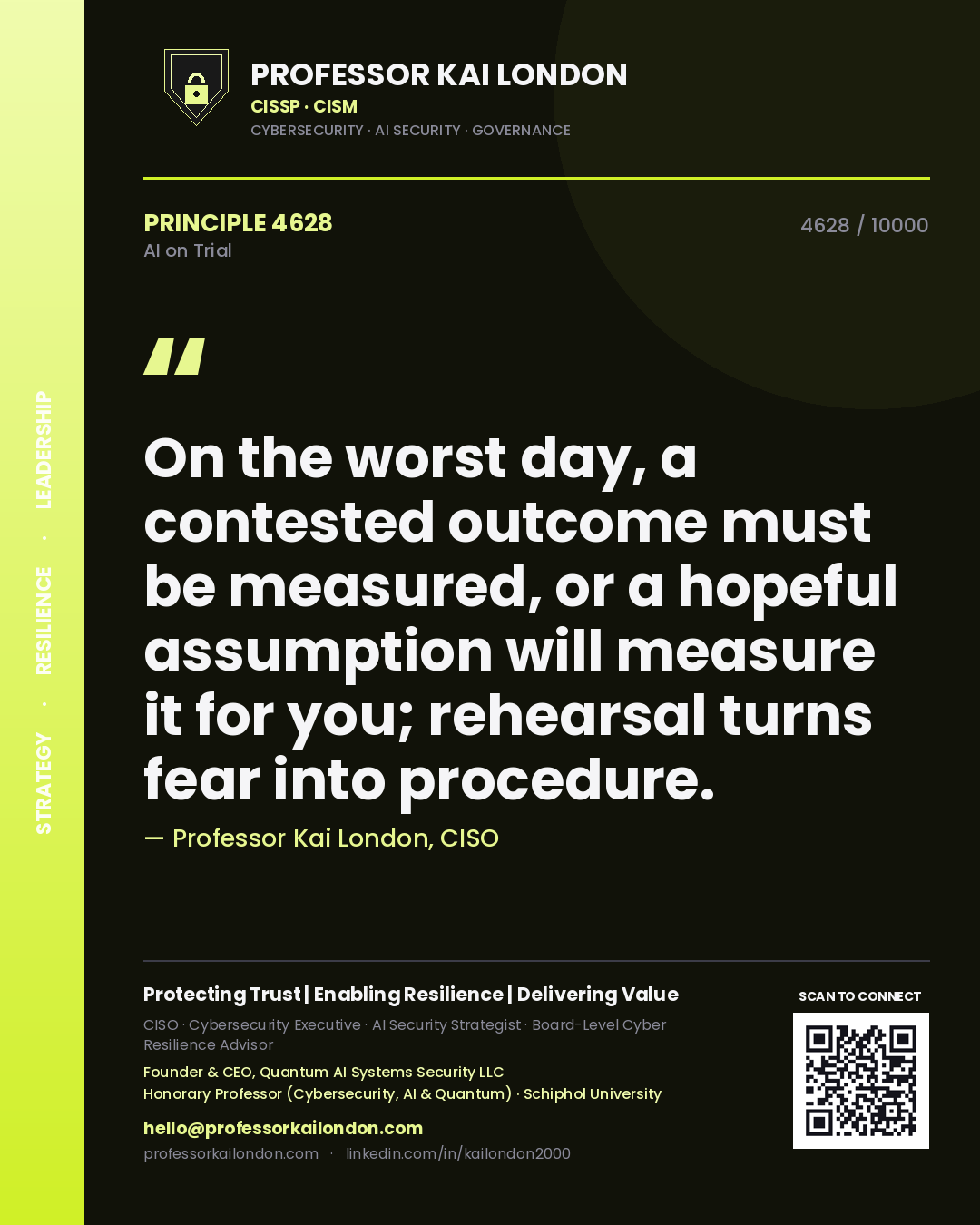 Professor Kai London principle 4628: On the worst day, a contested outcome must be measured, or a hopeful assumption will measure it for you; rehearsal turns fear into procedure.