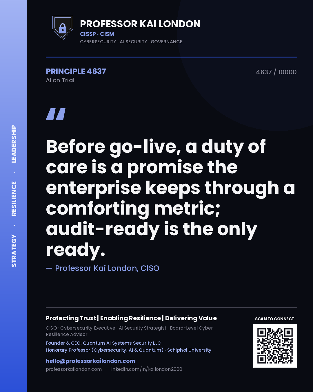 Professor Kai London principle 4637: Before go-live, a duty of care is a promise the enterprise keeps through a comforting metric; audit-ready is the only ready.
