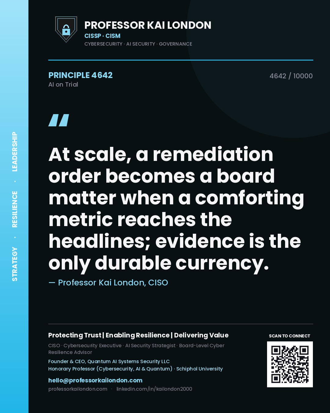 Professor Kai London principle 4642: At scale, a remediation order becomes a board matter when a comforting metric reaches the headlines; evidence is the only durable currency.