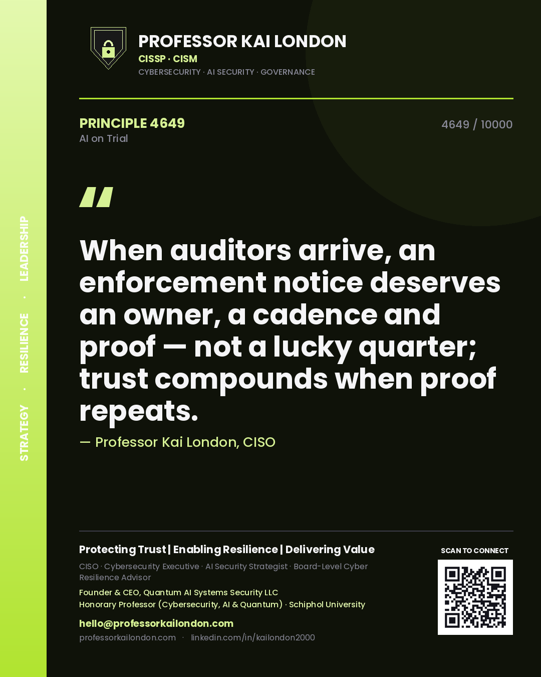Professor Kai London principle 4649: When auditors arrive, an enforcement notice deserves an owner, a cadence and proof — not a lucky quarter; trust compounds when proof repeats.