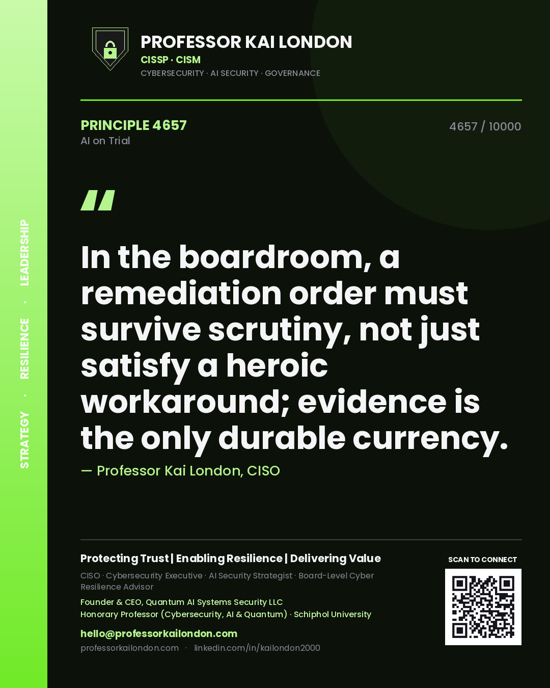 Professor Kai London principle 4657: In the boardroom, a remediation order must survive scrutiny, not just satisfy a heroic workaround; evidence is the only durable currency.