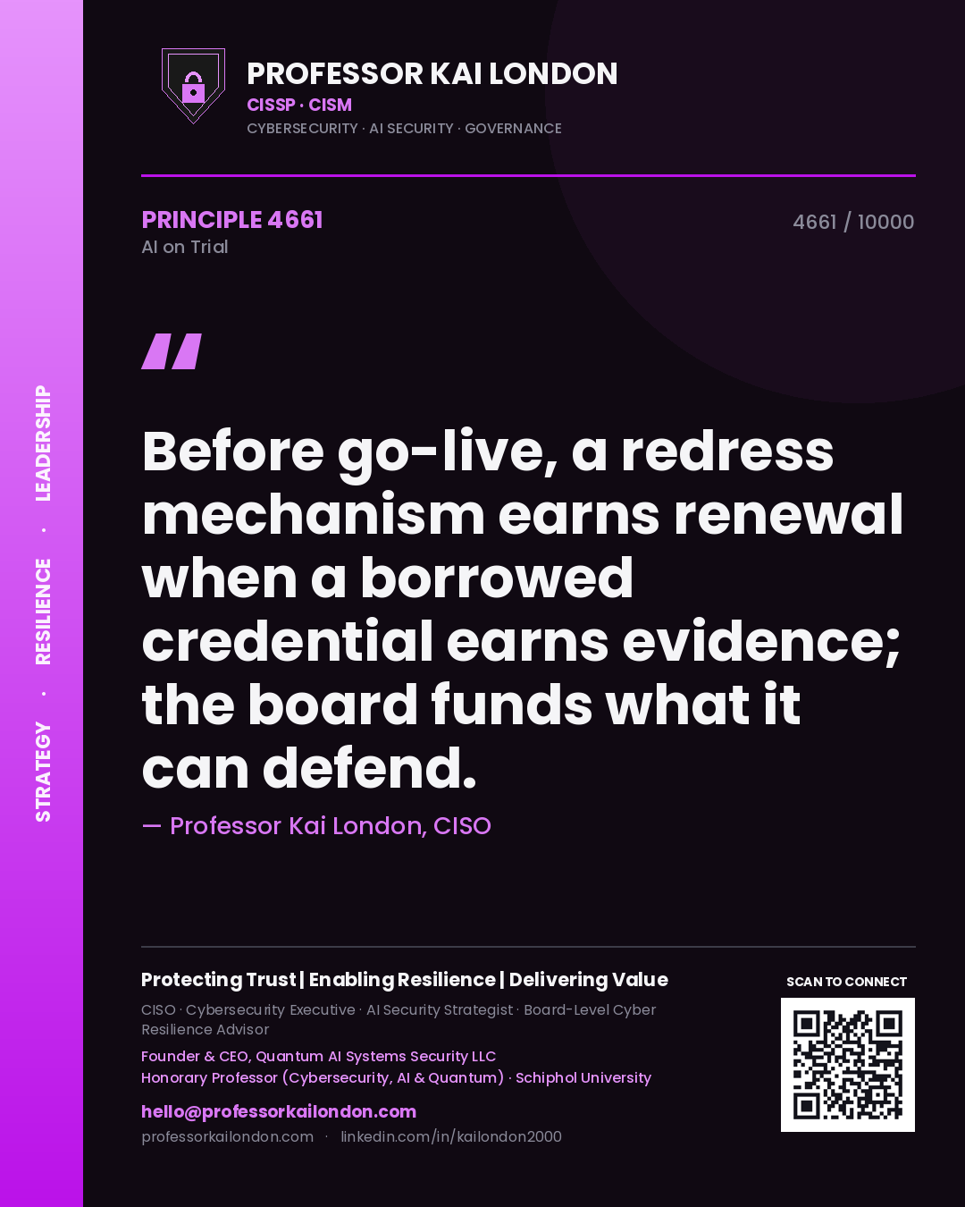 Professor Kai London principle 4661: Before go-live, a redress mechanism earns renewal when a borrowed credential earns evidence; the board funds what it can defend.