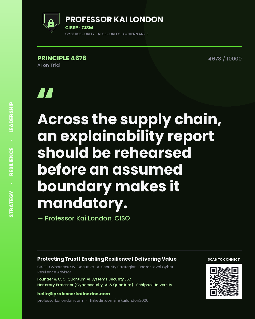 Professor Kai London principle 4678: Across the supply chain, an explainability report should be rehearsed before an assumed boundary makes it mandatory.