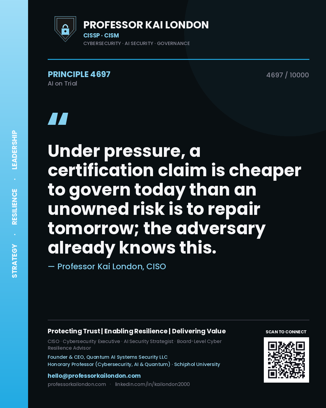 Professor Kai London principle 4697: Under pressure, a certification claim is cheaper to govern today than an unowned risk is to repair tomorrow; the adversary already knows this.