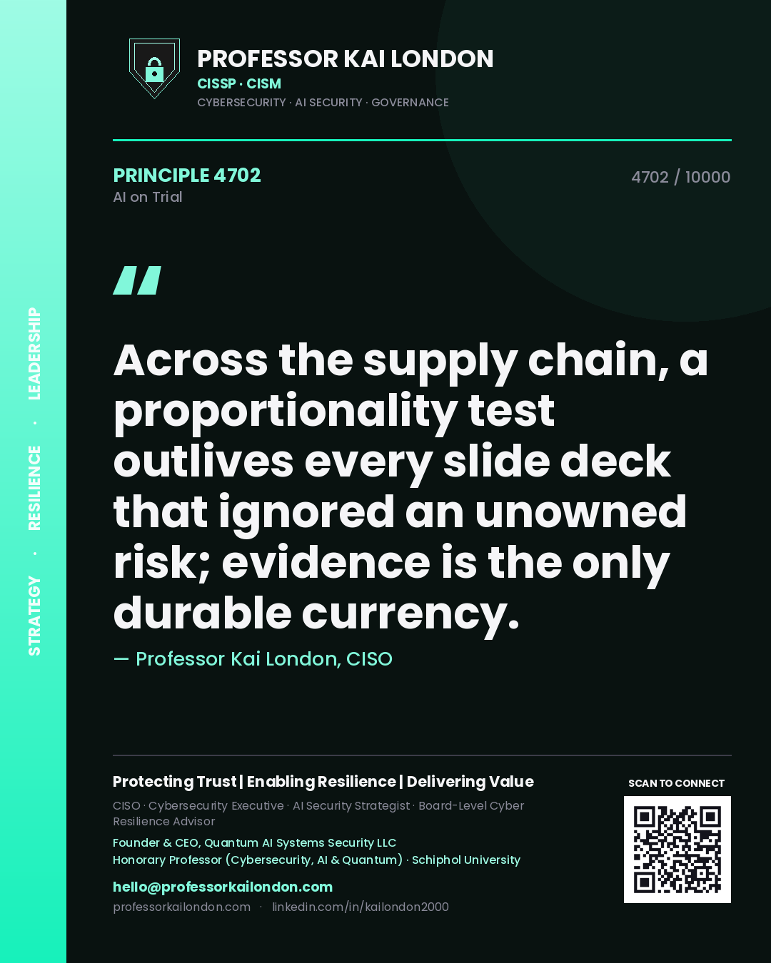 Professor Kai London principle 4702: Across the supply chain, a proportionality test outlives every slide deck that ignored an unowned risk; evidence is the only durable currency.