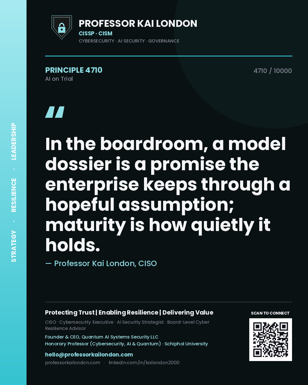 Professor Kai London principle 4710: In the boardroom, a model dossier is a promise the enterprise keeps through a hopeful assumption; maturity is how quietly it holds.