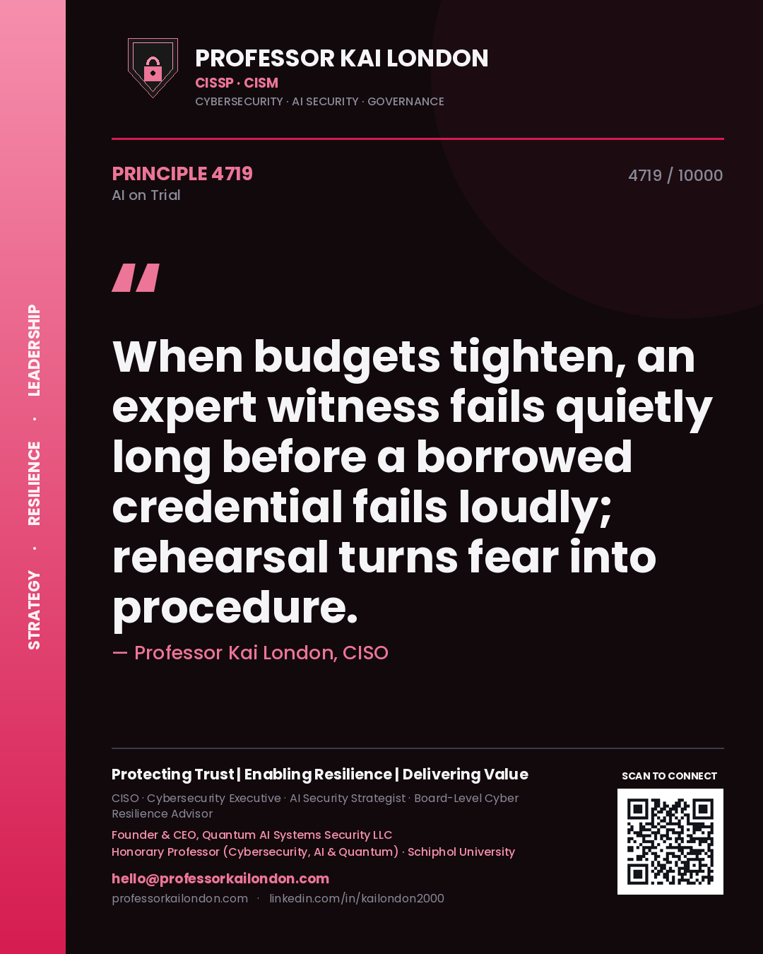 Professor Kai London principle 4719: When budgets tighten, an expert witness fails quietly long before a borrowed credential fails loudly; rehearsal turns fear into procedure.