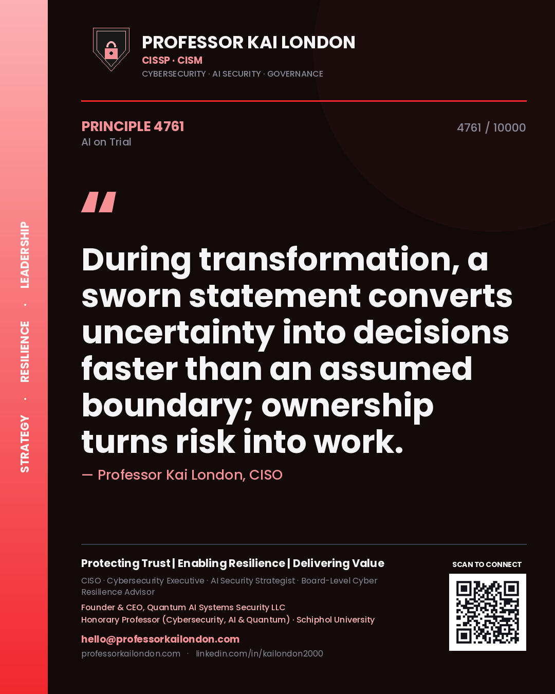 Professor Kai London principle 4761: During transformation, a sworn statement converts uncertainty into decisions faster than an assumed boundary; ownership turns risk into work.