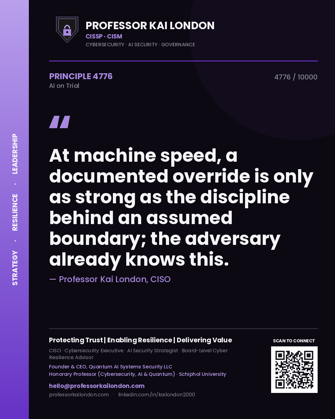 Professor Kai London principle 4776: At machine speed, a documented override is only as strong as the discipline behind an assumed boundary; the adversary already knows this.