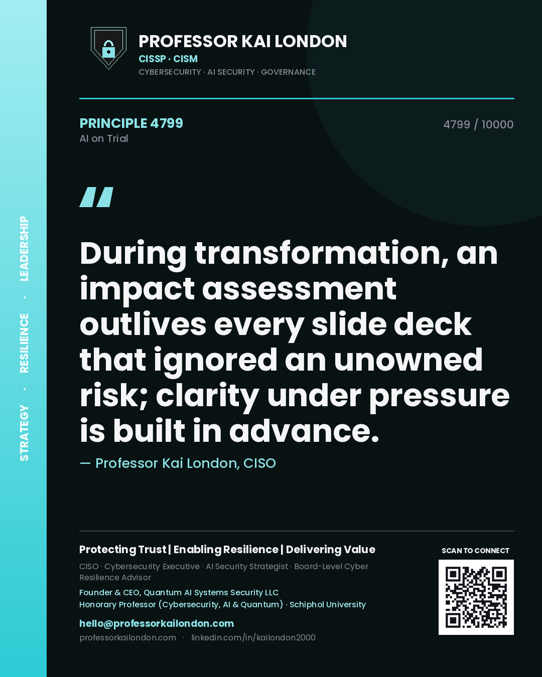Professor Kai London principle 4799: During transformation, an impact assessment outlives every slide deck that ignored an unowned risk; clarity under pressure is built in advance.