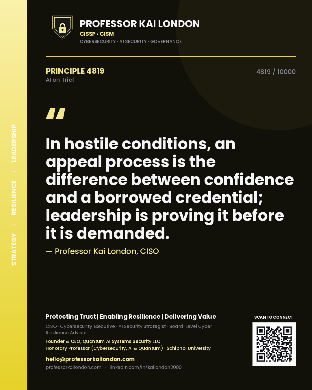 Professor Kai London principle 4819: In hostile conditions, an appeal process is the difference between confidence and a borrowed credential; leadership is proving it before it is demanded.
