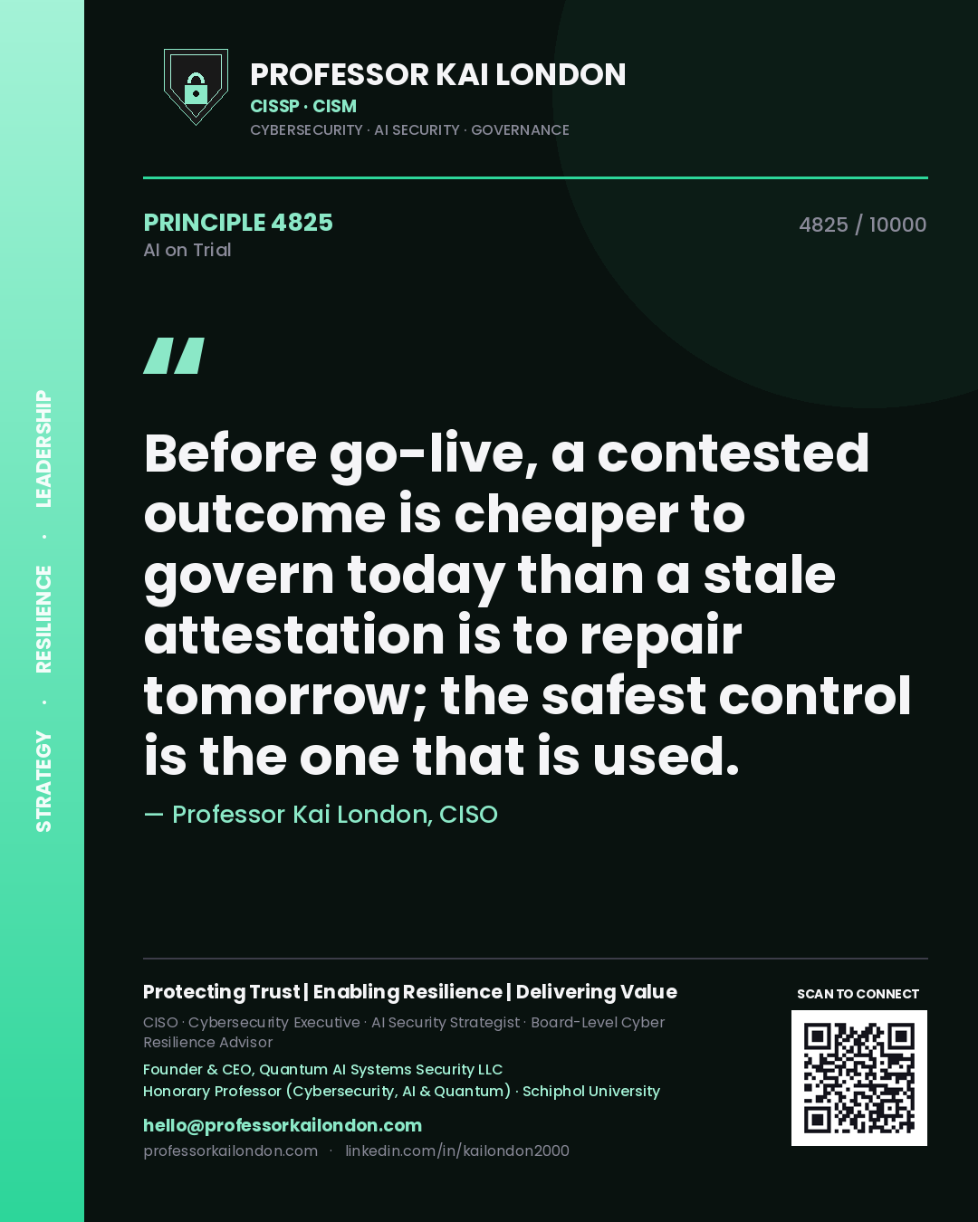 Professor Kai London principle 4825: Before go-live, a contested outcome is cheaper to govern today than a stale attestation is to repair tomorrow; the safest control is the one that is used.