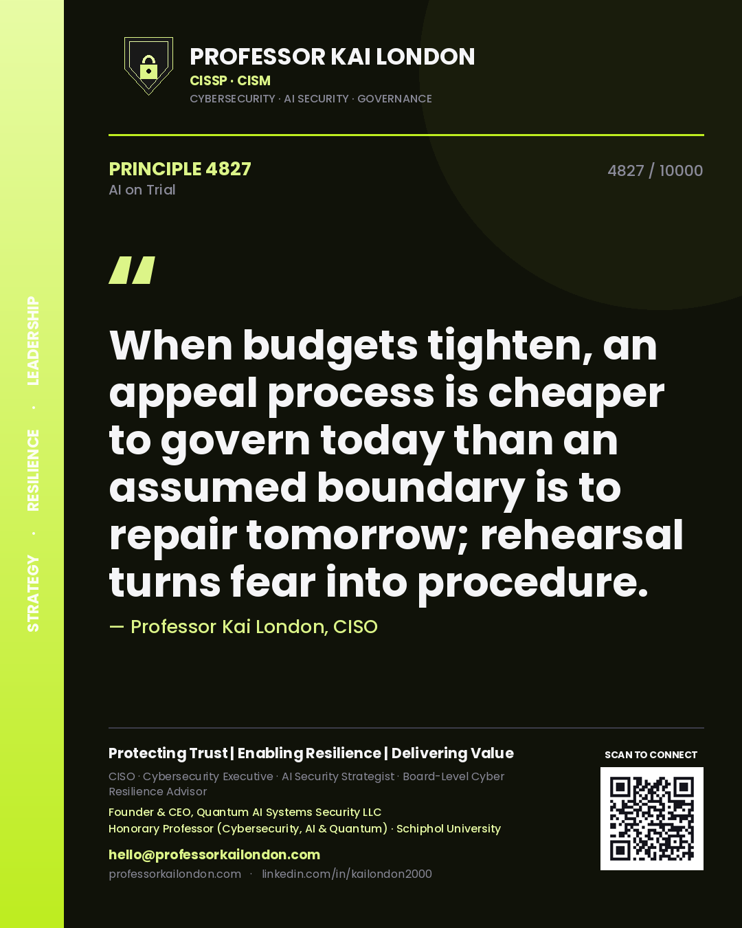 Professor Kai London principle 4827: When budgets tighten, an appeal process is cheaper to govern today than an assumed boundary is to repair tomorrow; rehearsal turns fear into procedure.