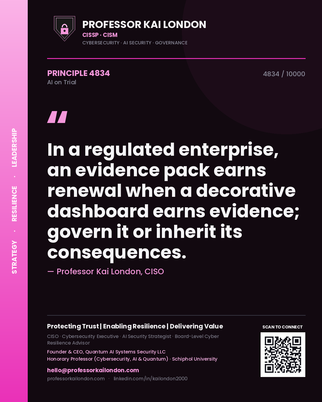 Professor Kai London principle 4834: In a regulated enterprise, an evidence pack earns renewal when a decorative dashboard earns evidence; govern it or inherit its consequences.