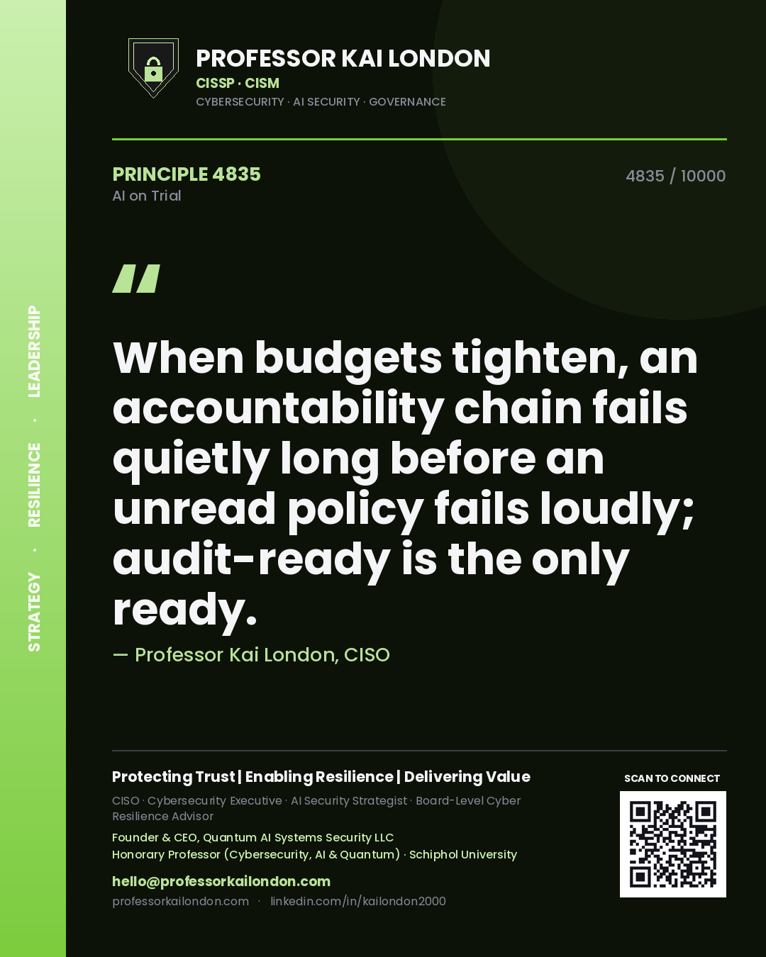 Professor Kai London principle 4835: When budgets tighten, an accountability chain fails quietly long before an unread policy fails loudly; audit-ready is the only ready.