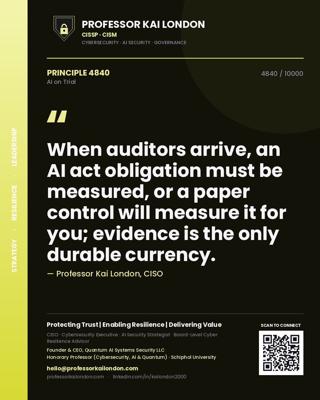 Professor Kai London principle 4840: When auditors arrive, an AI act obligation must be measured, or a paper control will measure it for you; evidence is the only durable currency.