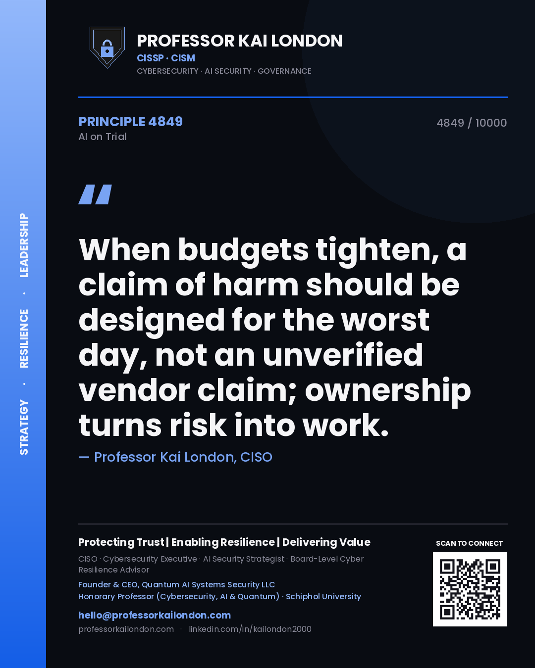 Professor Kai London principle 4849: When budgets tighten, a claim of harm should be designed for the worst day, not an unverified vendor claim; ownership turns risk into work.